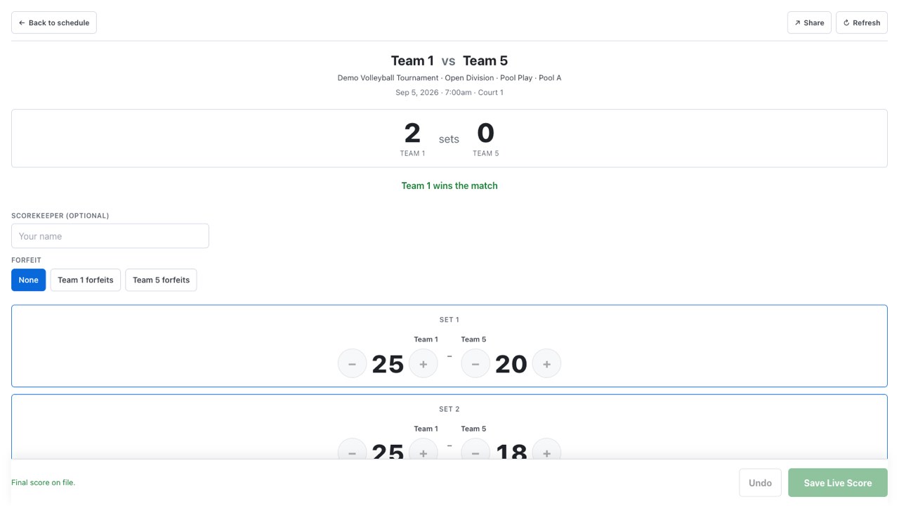 WNY Athletics scoring board for Team 1 versus Team 5, showing the two-sets-to-zero match total, per-set point steppers, an optional scorekeeper name, forfeit buttons, and Save Live Score