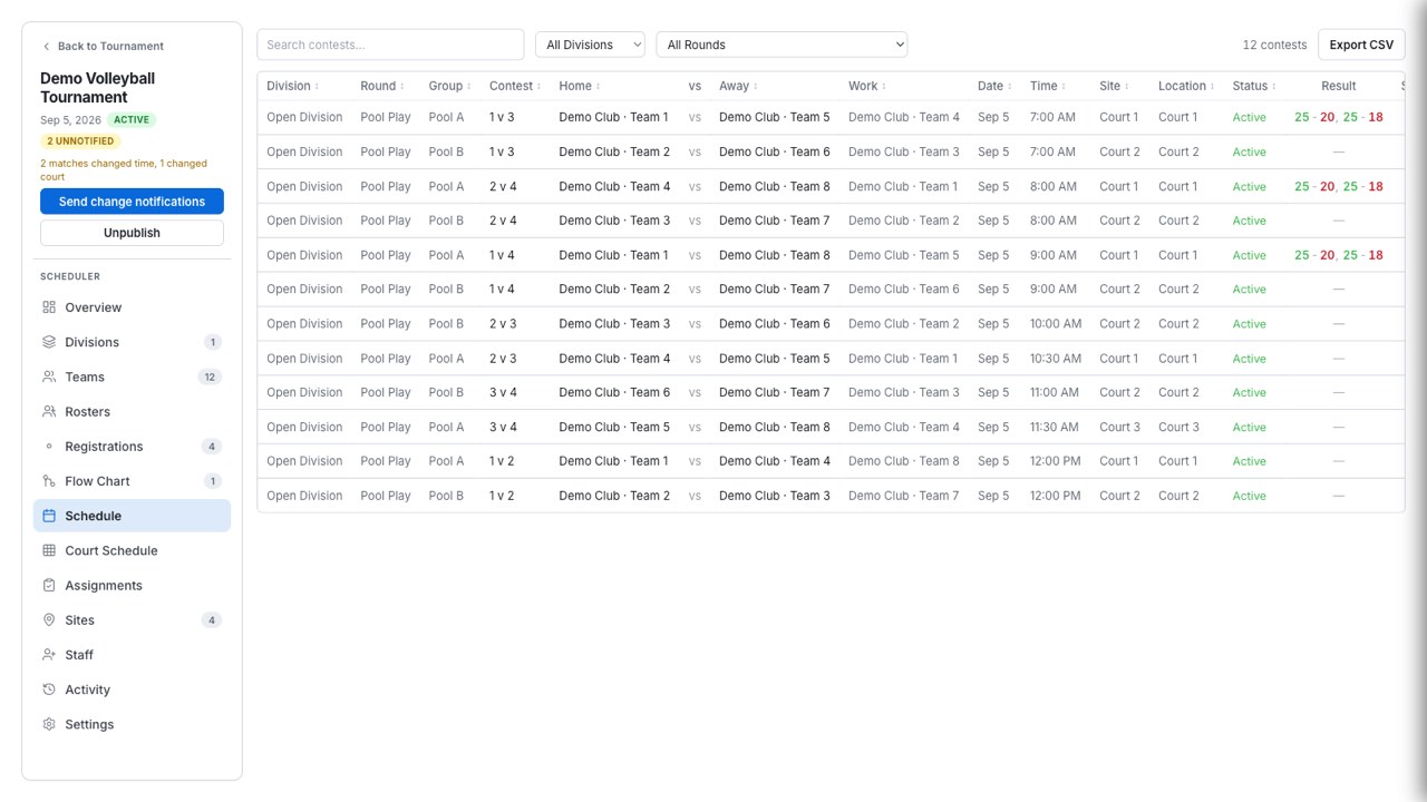 WNY Athletics master schedule showing volleyball contests, divisions, rounds, teams, and work assignments in one view